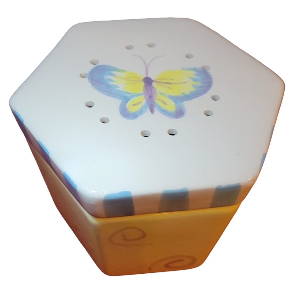 Vtg 2000 Butterfly Incense Potpourri Trinket Stash Ceramic Hexagon Lidded Box